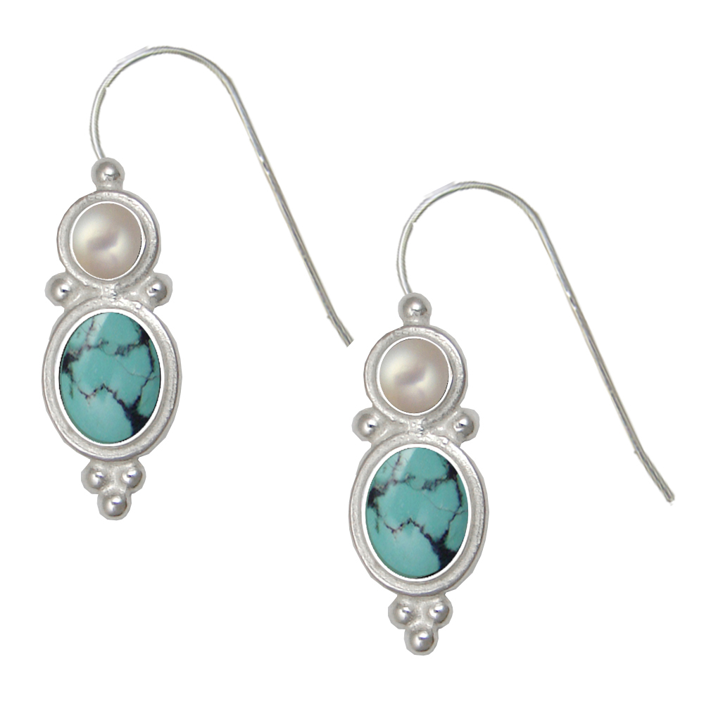 Sterling Silver Drop Dangle Earrings Chinese Turquoise And Cultured Freshwater Pearl